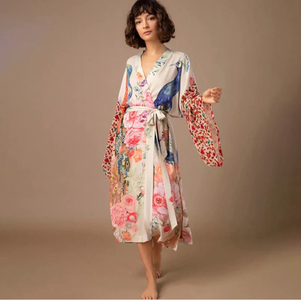 Peacock and flower printed wrap around belted robe